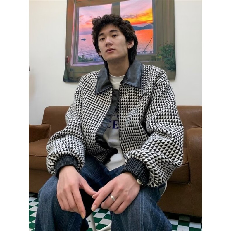 春秋季千鸟格外套男高街潮牌宽松休闲情侣装翻领夹克上衣,男装夹克,四季星座505