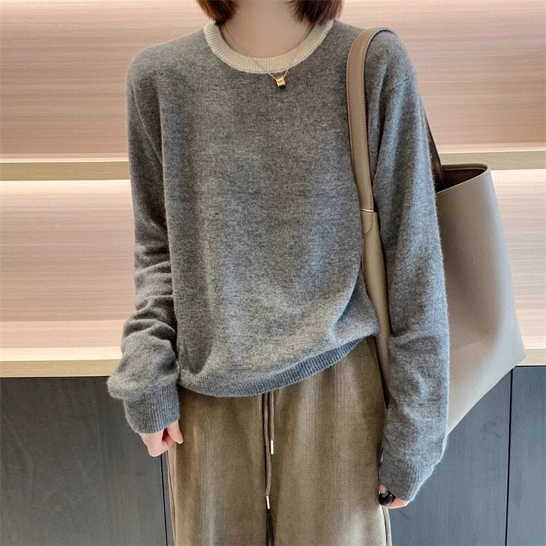 圆领毛衣女秋冬软糯针织衫慵懒休闲套头上衣,针织衫/毛衣,解氏羊绒