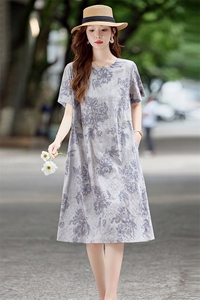 时尚圆领碎花棉麻连衣裙女2025夏季新款韩版宽松遮肚显瘦休闲裙子图片