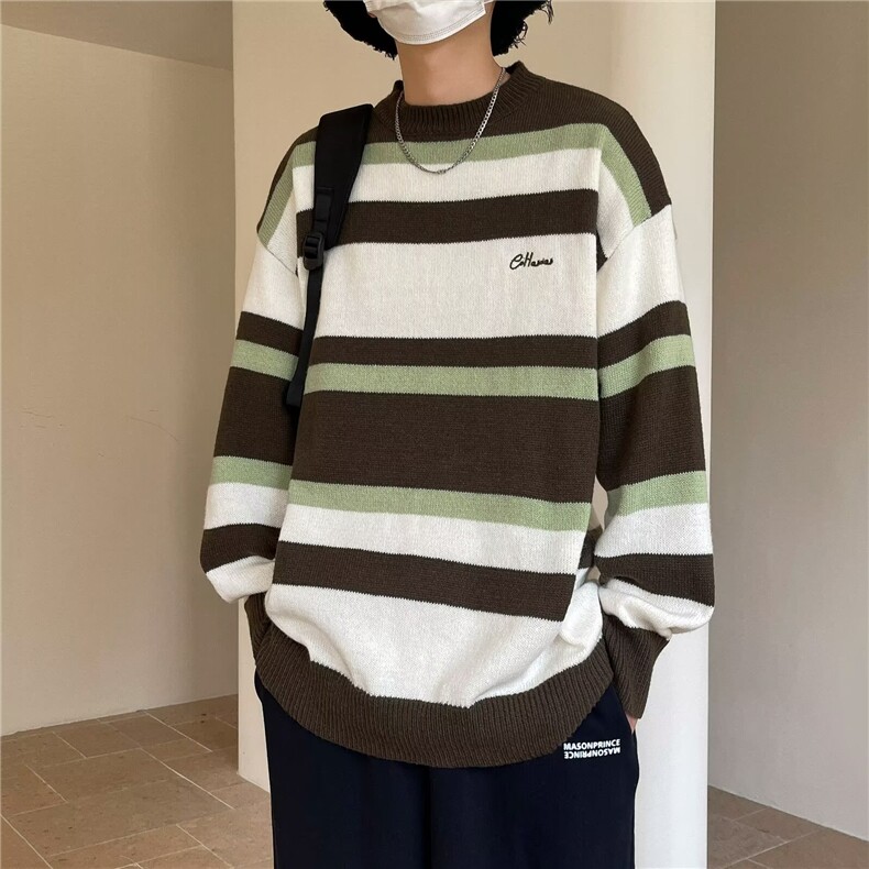 美式复古条纹撞色圆领毛衣情侣秋冬软糯休闲保暖慵懒风打底针织衫图片