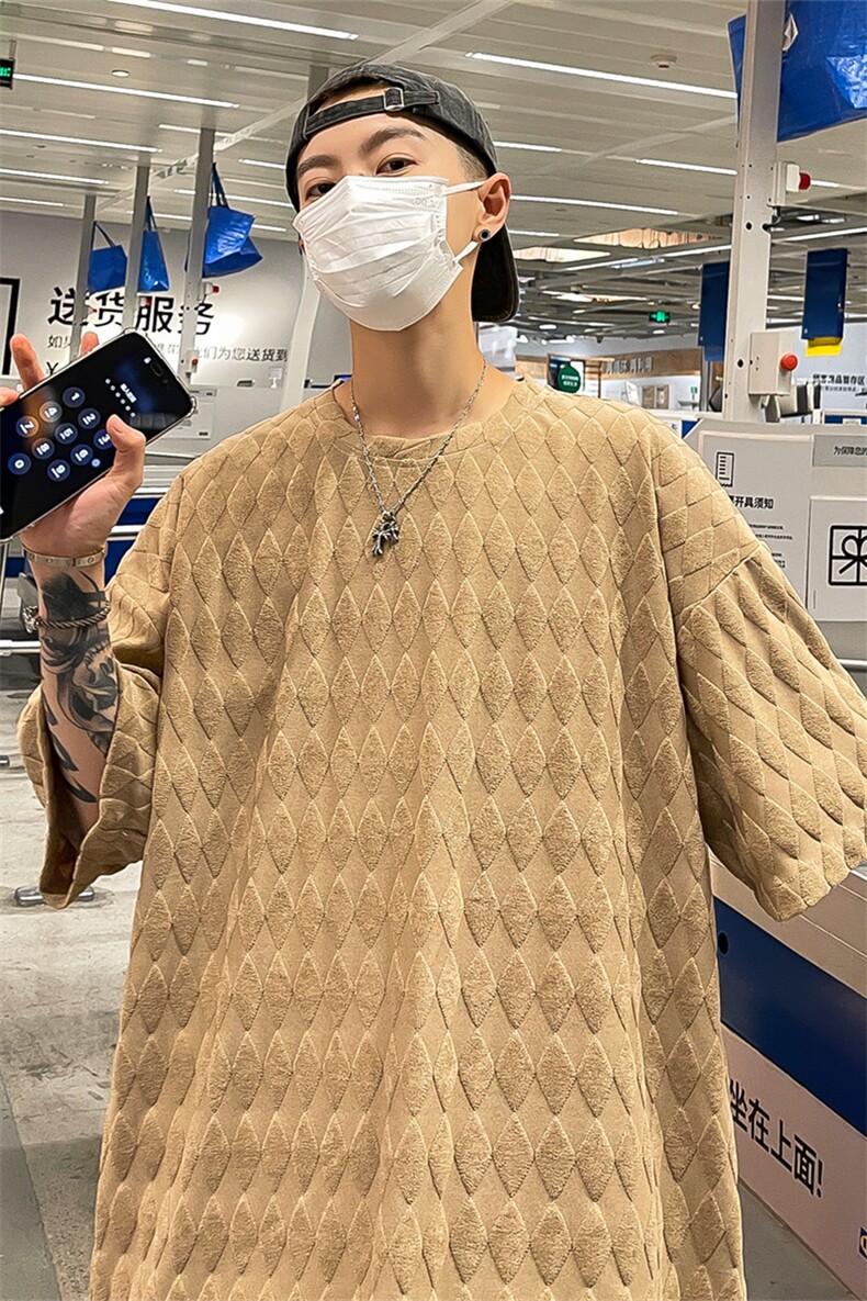 T8043/P30夏季港风宽松个性菱形格子短袖T恤男大码开叉上衣男,男装T恤,电商A141