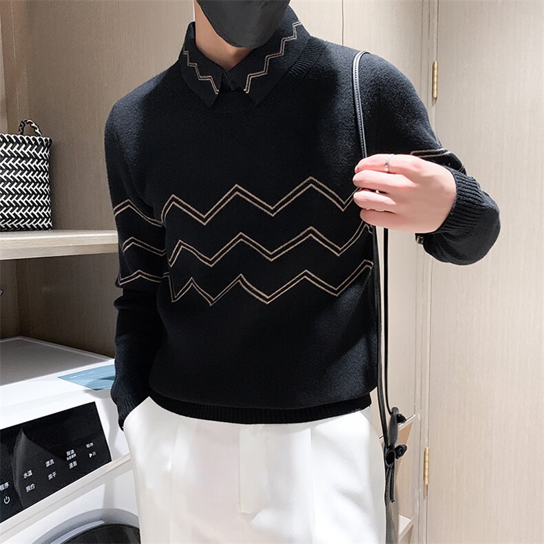 2024秋冬新款男士衬衫领套头假二件针织毛衣男301A-1/M61/P75控95,男装针织衫/毛衣,星座301A-1