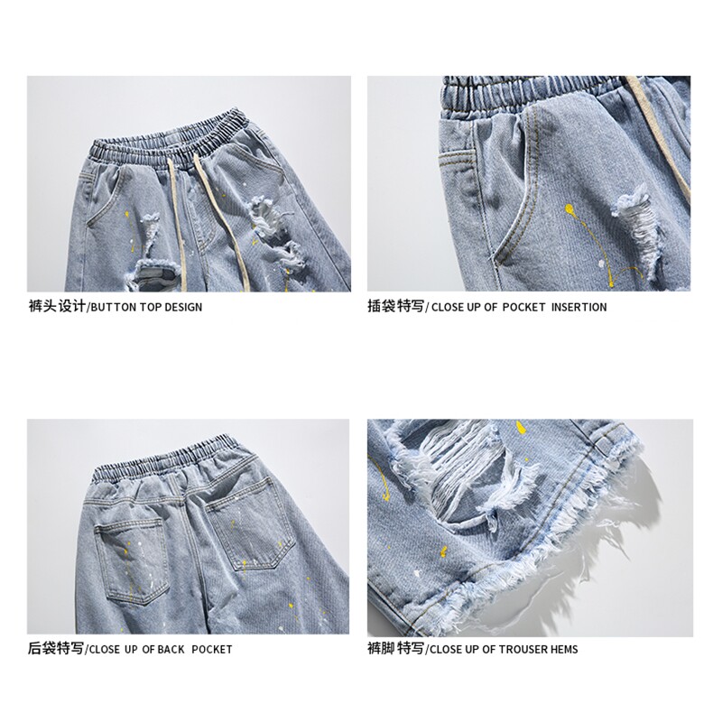 夏港风破洞牛仔裤印花休闲宽松短裤五分裤K5018B315P45控58,男装牛仔裤,电商B315