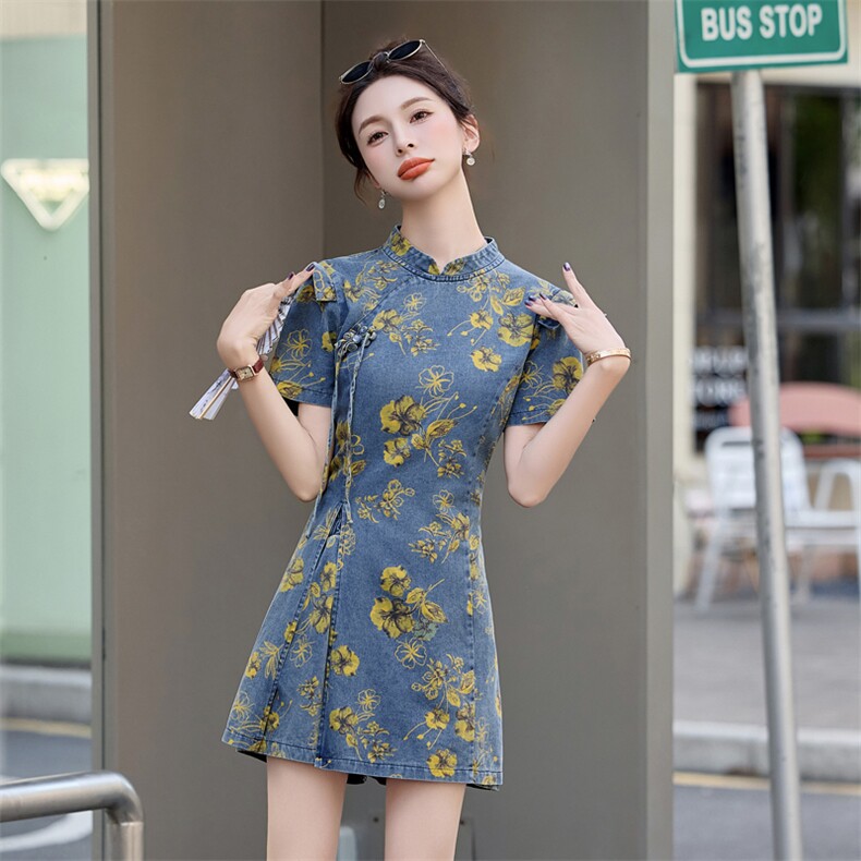 2025夏季新款时尚超好看高级感新中式国风盘扣印花牛仔短裤套装女,女装套装/套裙,依路服饰