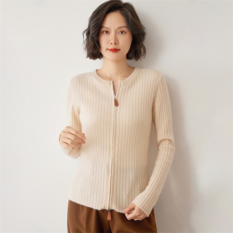 长袖针织开衫女修身百搭纯色35%羊绒衫休闲外套上衣,女装羊绒衫,雪山红莲