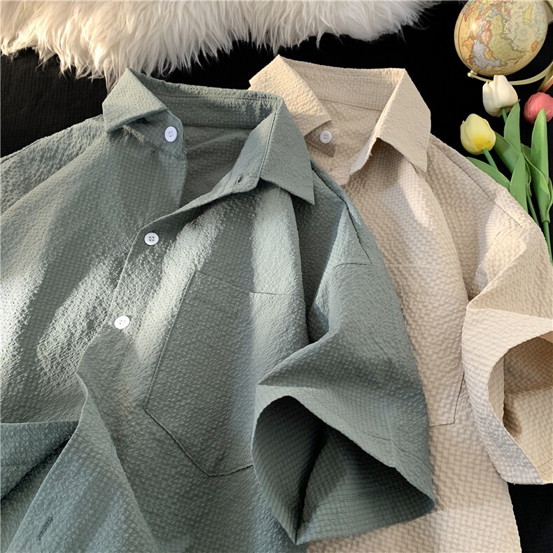 夏季新款日系泡泡哥纯色短袖衬衫大码宽松简易男女衬衣CS218-P28，男装衬衫，星座222-7