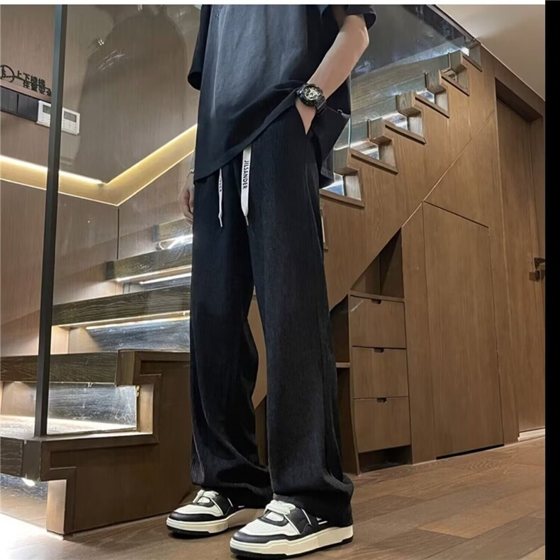褶皱冰丝裤子男潮牌夏季薄款透气垂感直筒阔腿裤美式复古休闲长裤,男装休闲裤,星座218-1（原230）