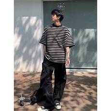 条纹t恤短袖男女夏季潮流百搭半袖五分袖宽松休闲情侣圆领海魂衫，男装T恤，星座218-1（原230）