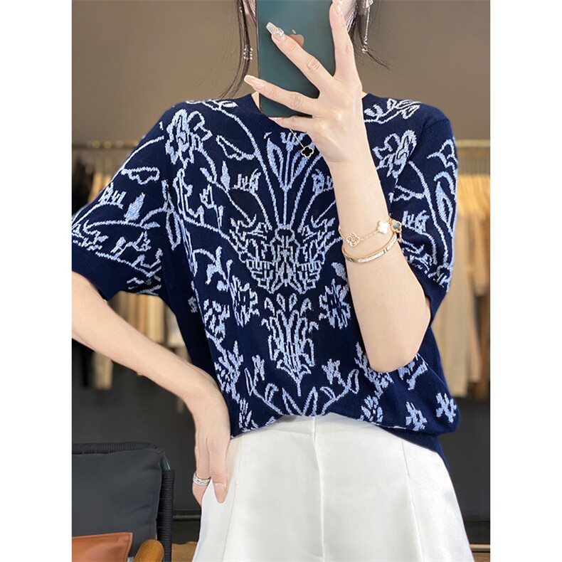 夏季新款纯棉圆领提花短袖女宽松百搭显瘦时尚休闲上衣,女装T恤,丽特绒