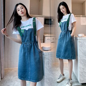 背带裙套装韩版通勤牛仔裙女夏新款连衣裙印花套头休闲韩版中长款图片