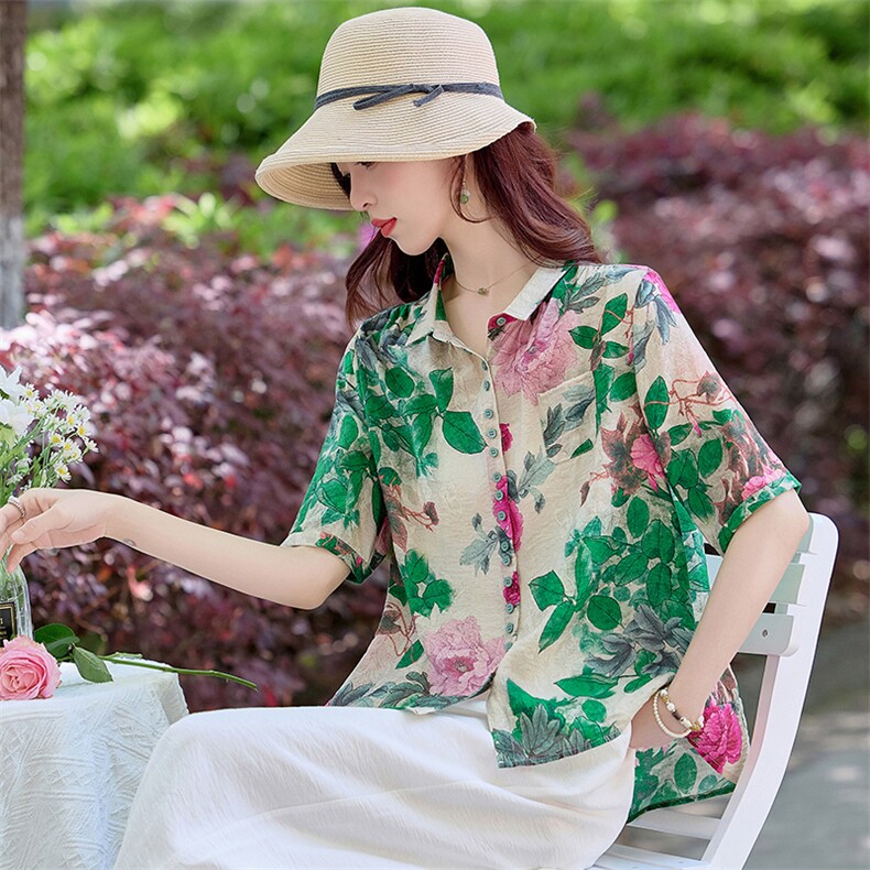 时尚气质阔腿裤女2025夏新款宽松洋气减龄时髦碎花衬衫,女装衬衫,魅影