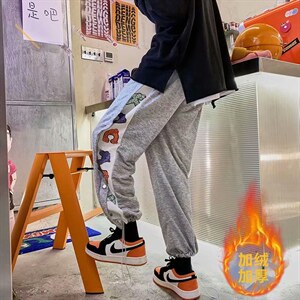 排扣裤男秋冬ins痞帅加绒印花休闲运动裤A392P38图片