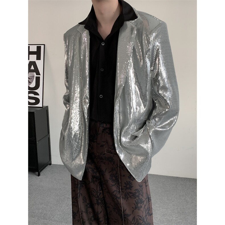 结婚登记明星同款舞台演出服银色闪闪亮片西装外套男女歌手男礼服,男装西服套装,星座909