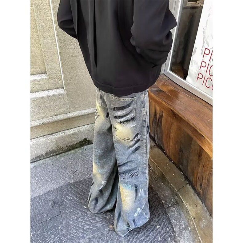 涂鸦牛仔裤拖地裤大版直筒宽松阔腿街头时尚潮流长裤NQ25,男装牛仔裤,星座1116A-1（原606A）