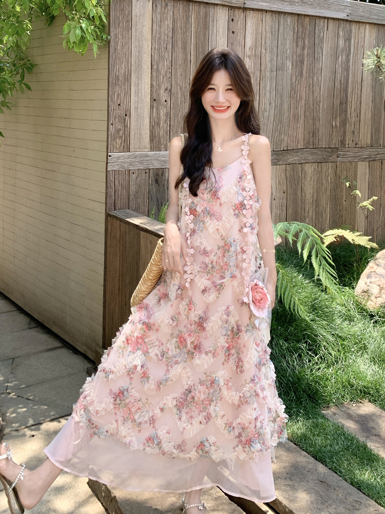 甜美木耳边粉色碎花网纱吊带连衣裙女夏2025新款简单大方超火长裙,女装连衣裙,浙宝128A