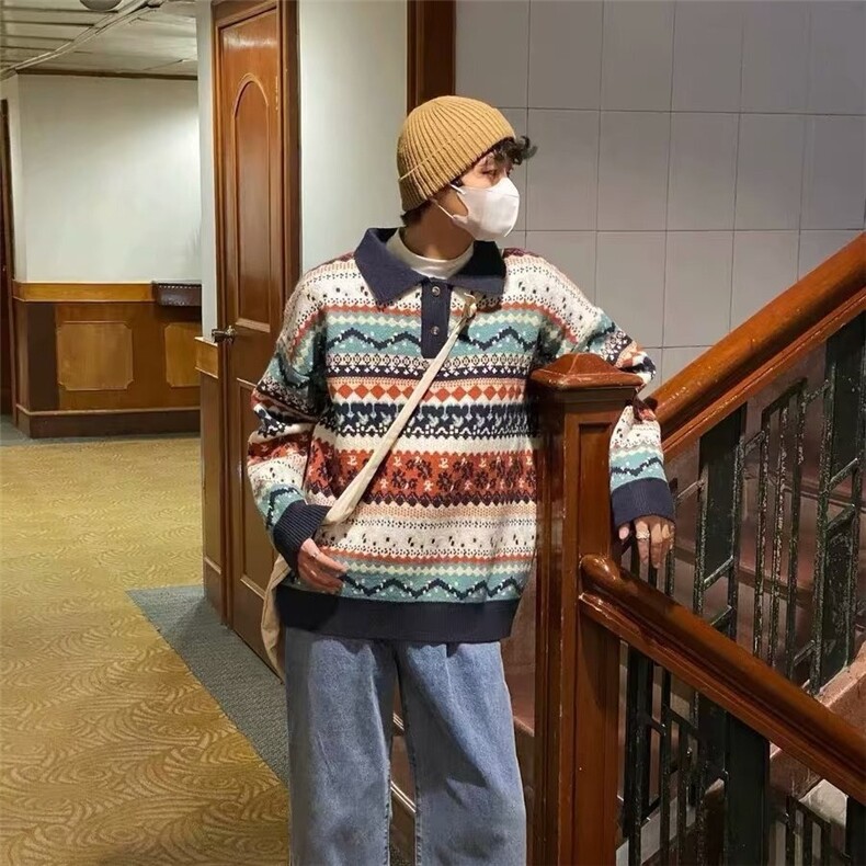 港风复古撞色民族风翻领毛衣男女古着ing宽松情侣针织衫上衣,男装针织衫/毛衣,星座506A