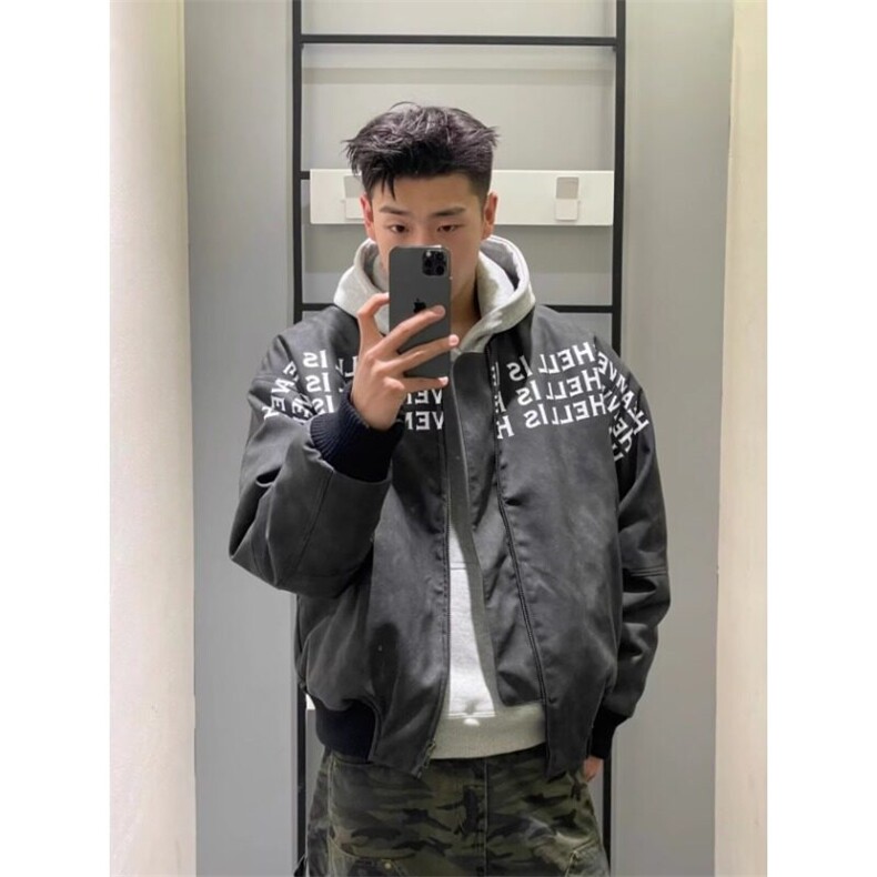 网络图满印廓形立挺美式夹克男女春秋短宽小众设计感棒球服外套潮,男装夹克,星座715-4