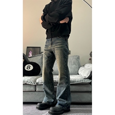 【深蓝神牛】cleanfit做旧复古显高矮个子微喇磨破渐变水洗牛仔裤，男装牛仔裤，星座506A