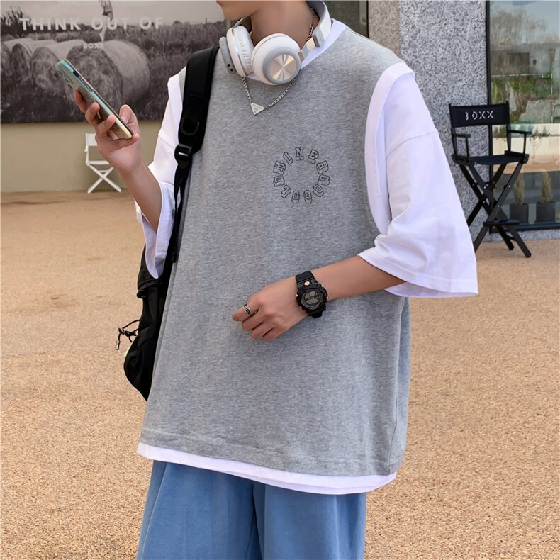 假两件短袖男百搭夏季t恤ins宽松半袖衣服潮牌五分袖T0586-P25,男装T恤,星座308B-1