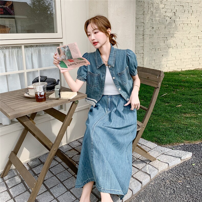 氛围感牛仔上衣半身裙套装女夏甜美显瘦遮肉气质休闲高级感两件套,女装套装/套裙,2C159