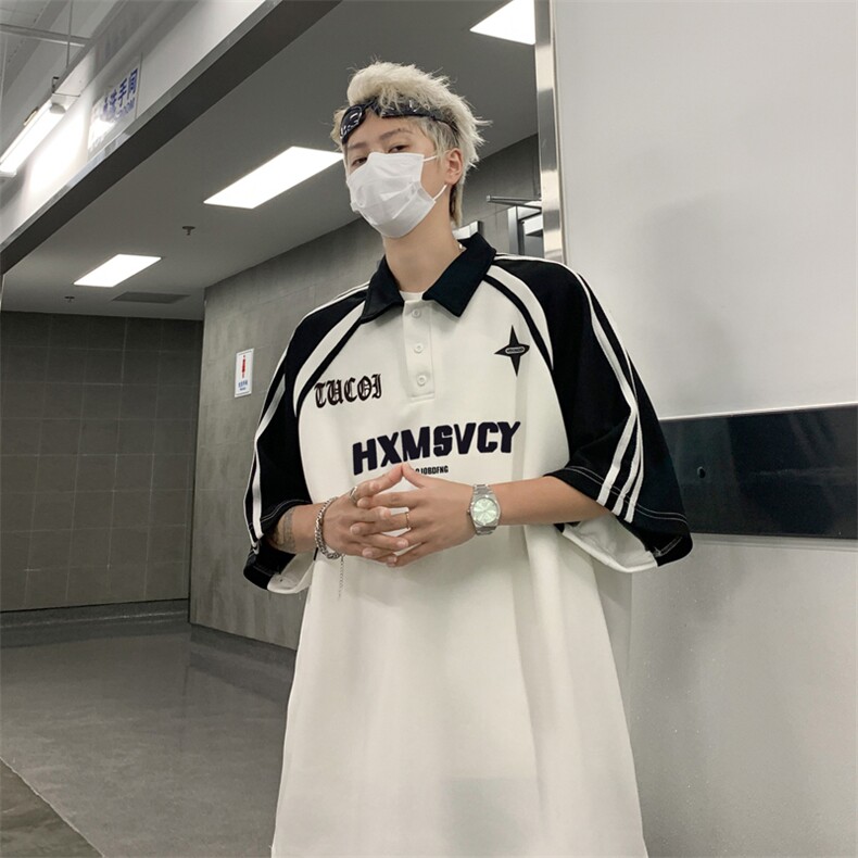 撞色条纹POLO衫男夏季潮牌高级感翻领五分袖t恤情侣百搭半袖上衣图片