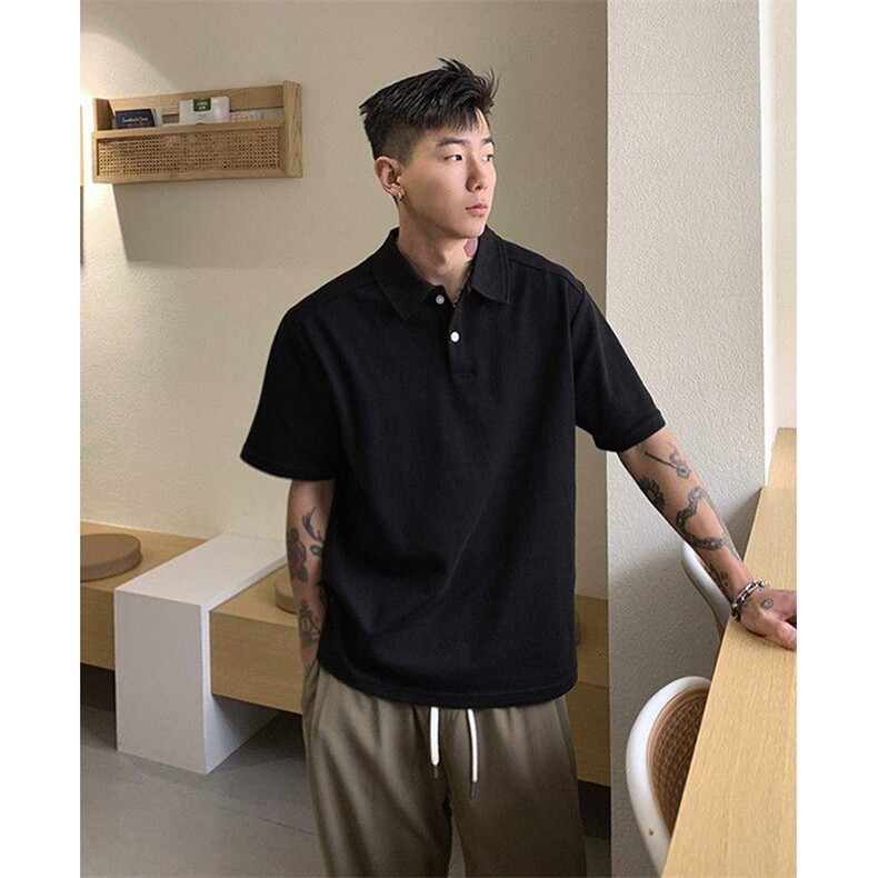 得物抖音高品质二开珠地网眼透气面料纯色宽松短袖T恤翻领POLO衫,男装T恤,电商A486