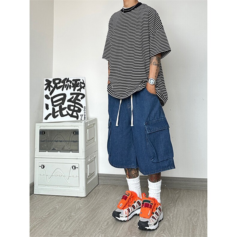 美式复古七分工装牛仔短裤日系cityboy廓形大码oversize,男装牛仔裤,星座310A-4