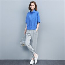 2023夏季新款简约休闲时尚立领上衣腰部个性松紧系带休闲裤两件套，女装套装/套裙，玛其路