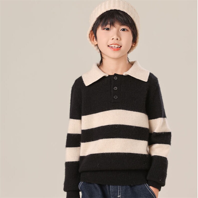 秋冬季35%羊绒条纹polo领男童羊绒衫，童装儿童羊绒衫，群鹿羊绒