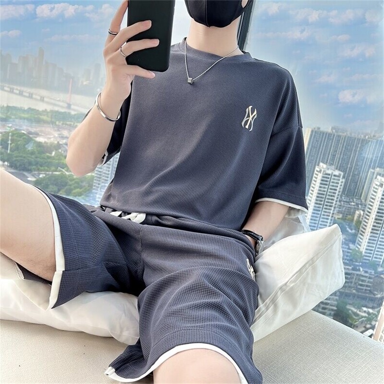 网图7538-P55休闲运动套装男士夏季华夫格短袖短裤搭配男装两件套,男装牛仔裤,电商D310B-1