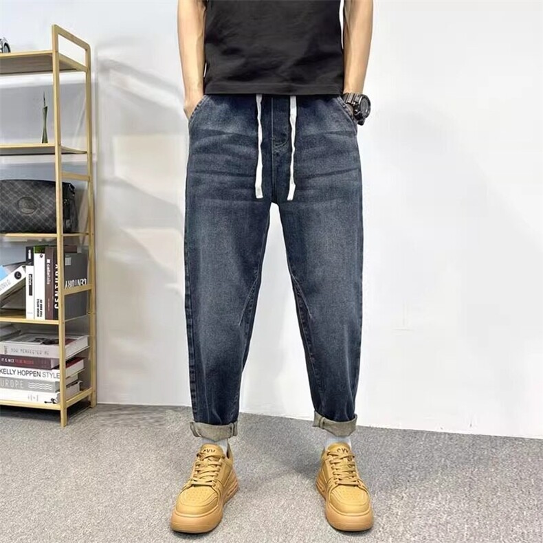 男士牛仔裤春秋新款宽松直筒休闲裤潮牌百搭弹力松紧腰九分小脚裤图片