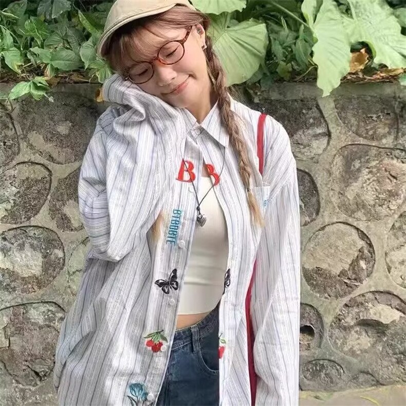 1506-1/GJ080/P46情侣文艺感刺绣个性美式复古条纹长袖衬衫，男装衬衫，星座1506A