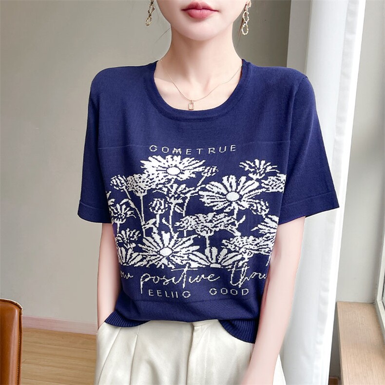 时尚提花短袖T恤女夏季2025新款打底衫洋气大码女装冰丝针织上衣图片