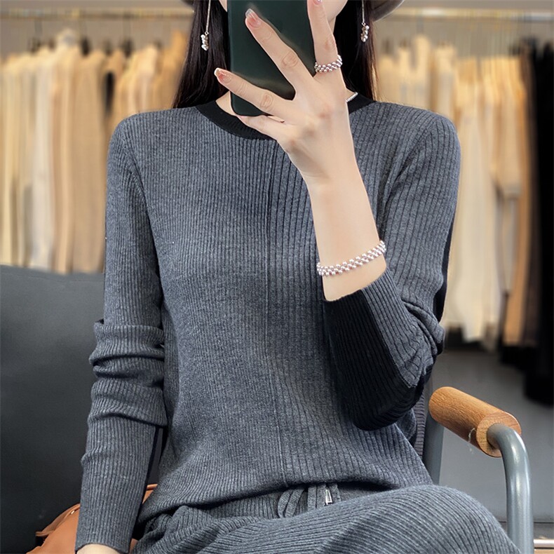 2024年秋季套头圆领长袖简约拼色时尚气质羊毛衫,女装羊毛衫,片语羊绒