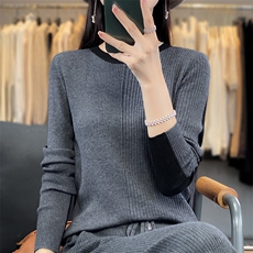 2024年秋季套头圆领长袖简约拼色时尚气质羊毛衫，女装羊毛衫，片语羊绒