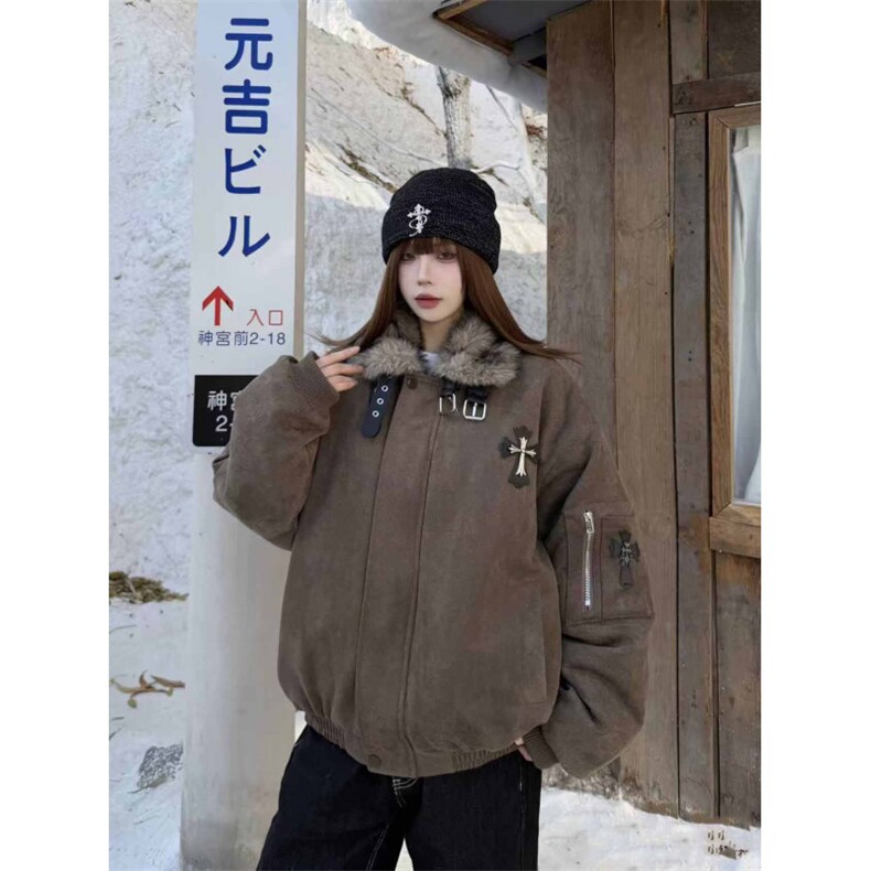 网图哥特图毛领座山雕外套男女夹棉加厚十字架棉服情侣棉衣,男装棉衣,电商C307
