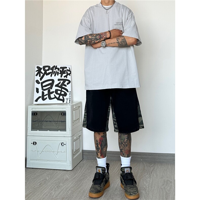 抖音品质潮流直筒短裤迷彩拼接牛仔裤五分裤B315-K23257-p45控58图片