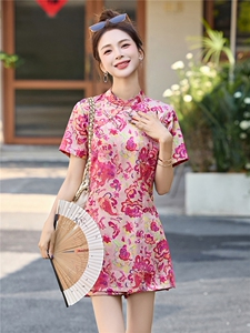 新中式印花连衣裙短裤套装女夏2025新款小个子国风旗袍裙子两件套图片