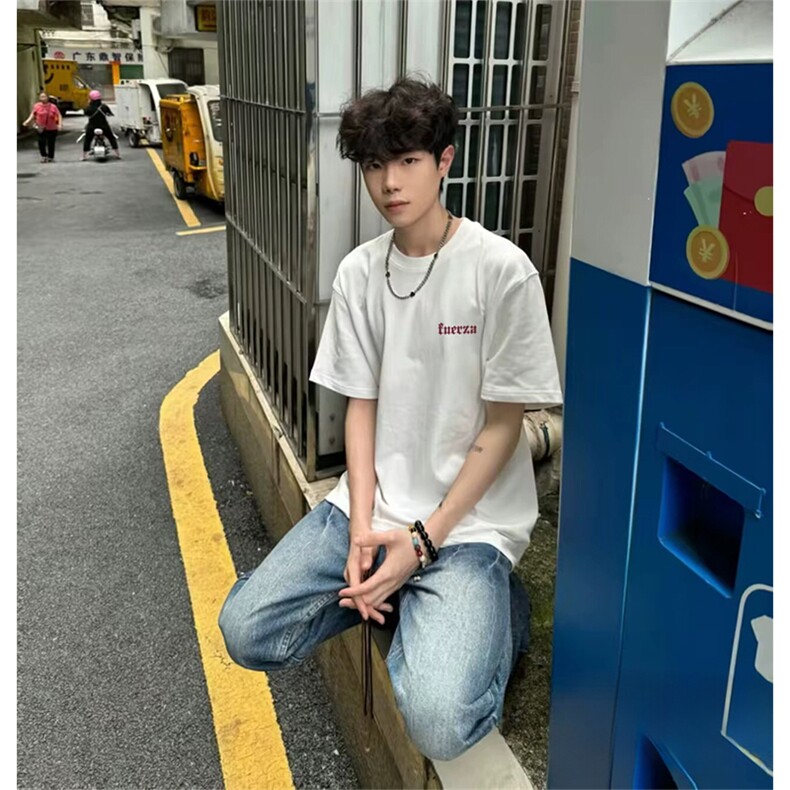 抖音得物供货210克现货宽松纯棉美式潮牌印花落肩袖纯棉T恤AT2197,男装T恤,电商A443