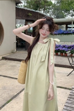 小心机露背无袖挂脖吊带连衣裙女中长款2C276-L3457-K110-P155，女装连衣裙，2C276