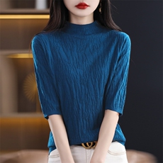 夏季新品100羊毛衫半高领五分袖针织衫女圆领短款高级感打底衫潮，女装T恤，暖娇绒包芯纱店