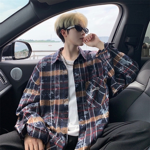 衬衫男秋季新款港风宽松大码格子扎染刺绣长袖衬衣CS3016-P38图片
