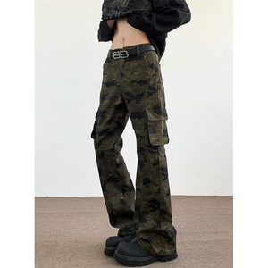 夏季微喇显瘦迷彩工装裤弹力修身牛仔裤复古休闲裤男女 KS71图片