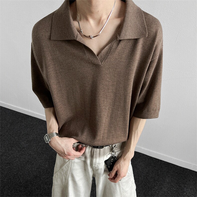 咖啡色亨利衫短袖t恤男翻领新款宽松polo衫男半袖打底衫上衣服,男装T恤,星座914