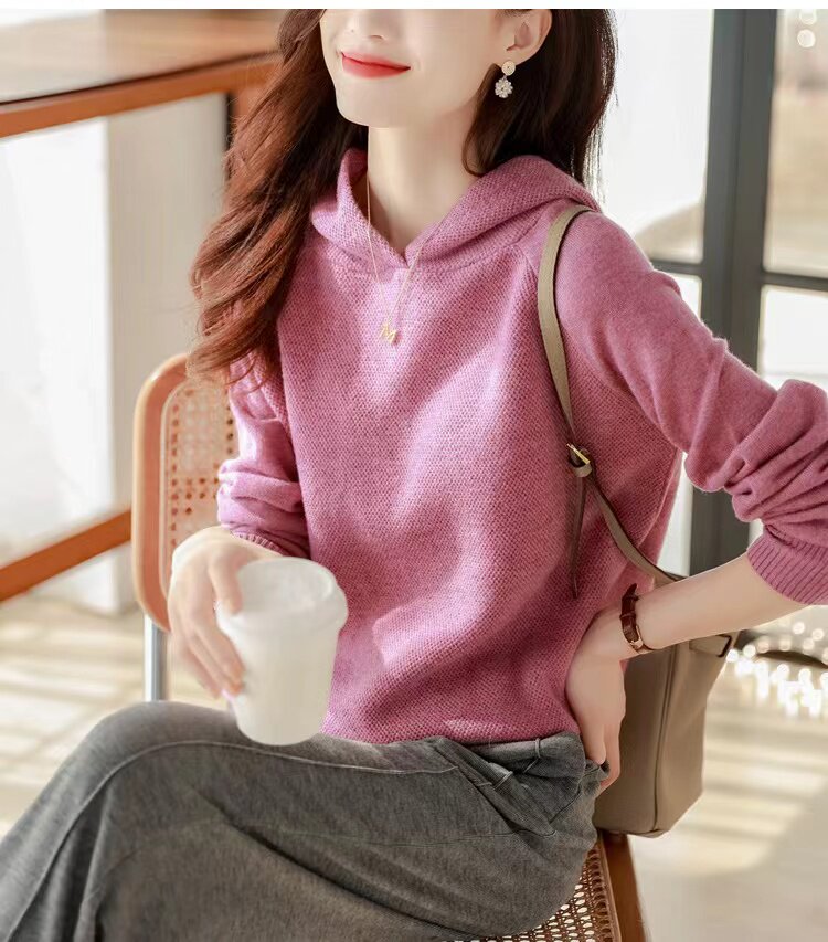新款春秋宽松休闲连帽卫衣女韩版针织打底帽衫内搭毛衣,针织衫/毛衣,半城羊绒