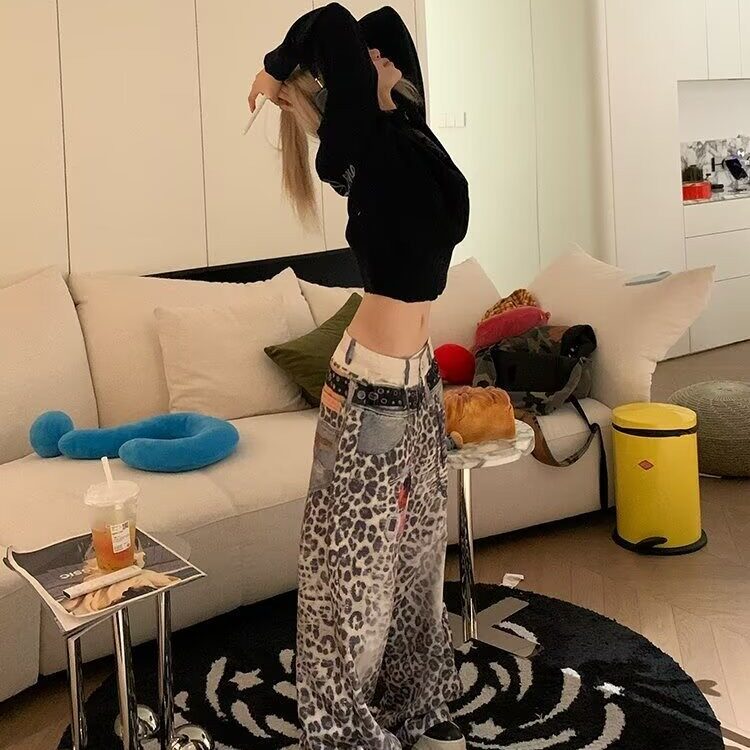 美式复古豹纹阔腿牛仔裤女2025年春秋宽松潮牌小众款垂感休闲长裤图片