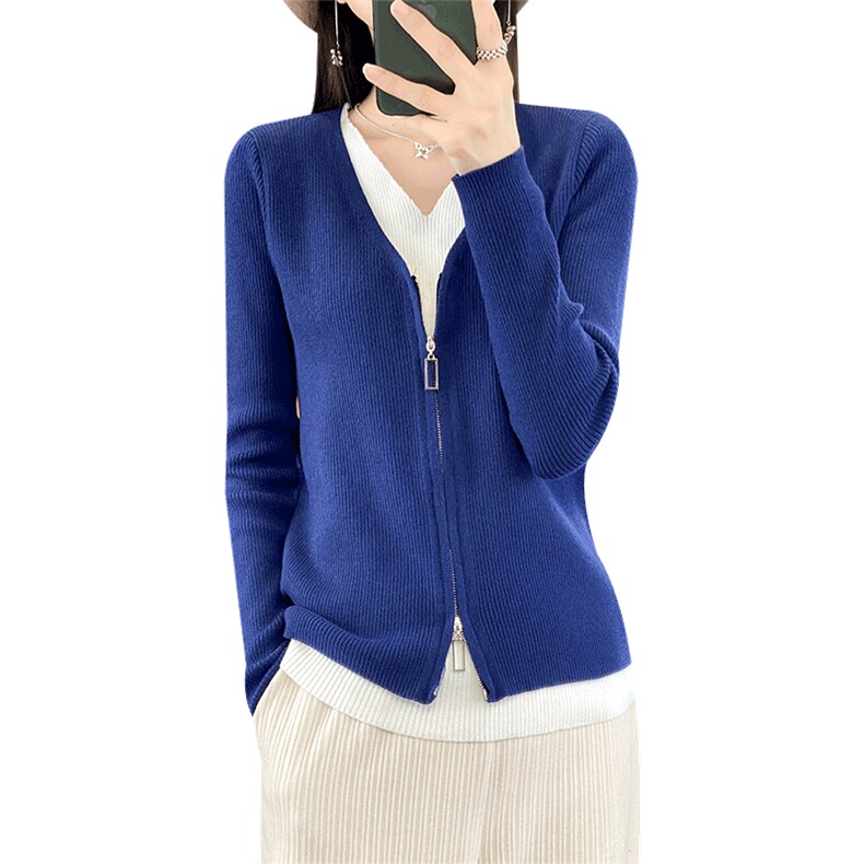 拉链门襟装饰V领长袖短款针织开衫女秋冬季新款,针织衫/毛衣,贵皇网供仓