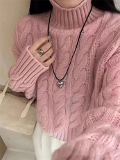 秋季新款舒适显瘦时尚百搭高领廓形麻花针织衫，女装羊毛衫，恒恩羊绒