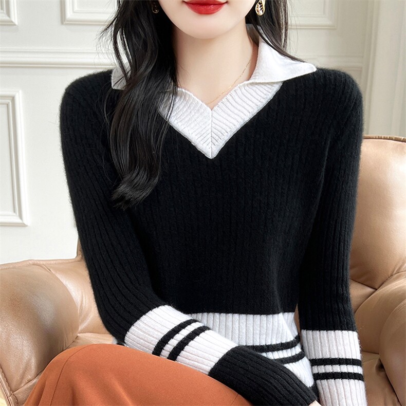 拼色翻领针织衫羊毛衫女秋冬2024年新款修身打底衫,女装羊毛衫,哲奥羊绒