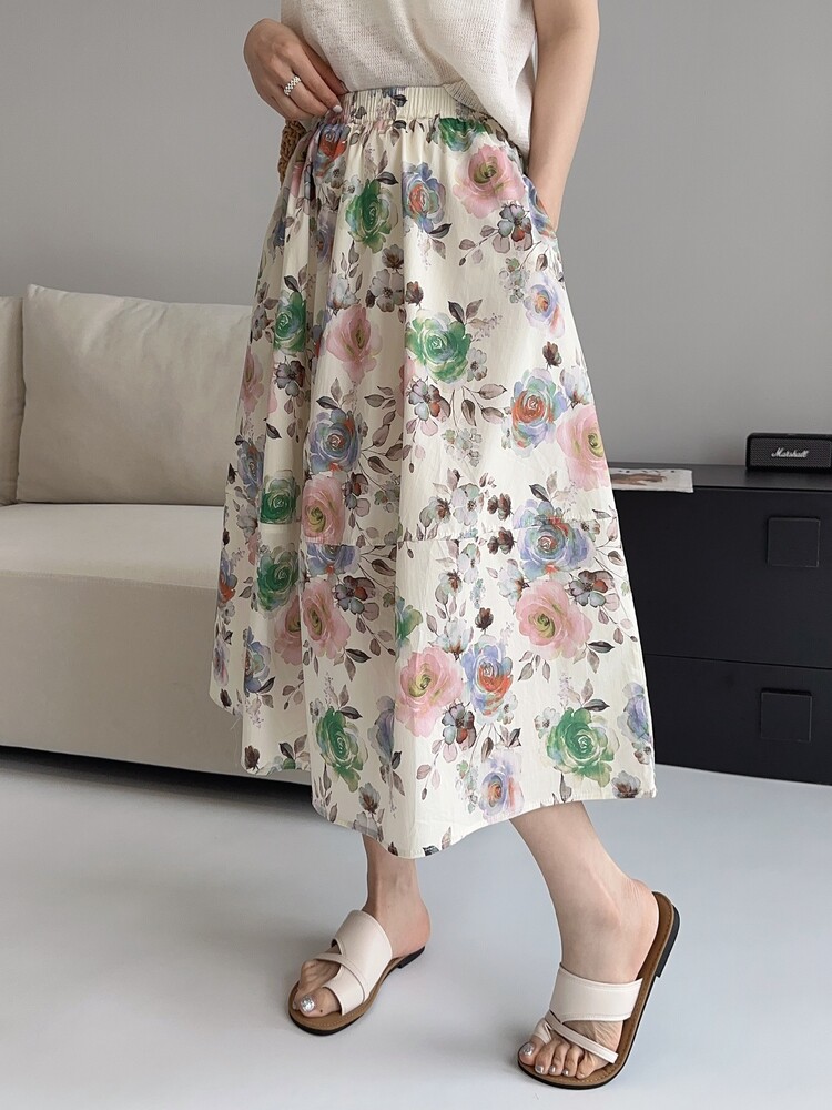 梦幻黑底紫蓝色碎花半身裙女夏季2025新款松紧腰全棉a字花苞裙子,女装半身裙,缘衣格